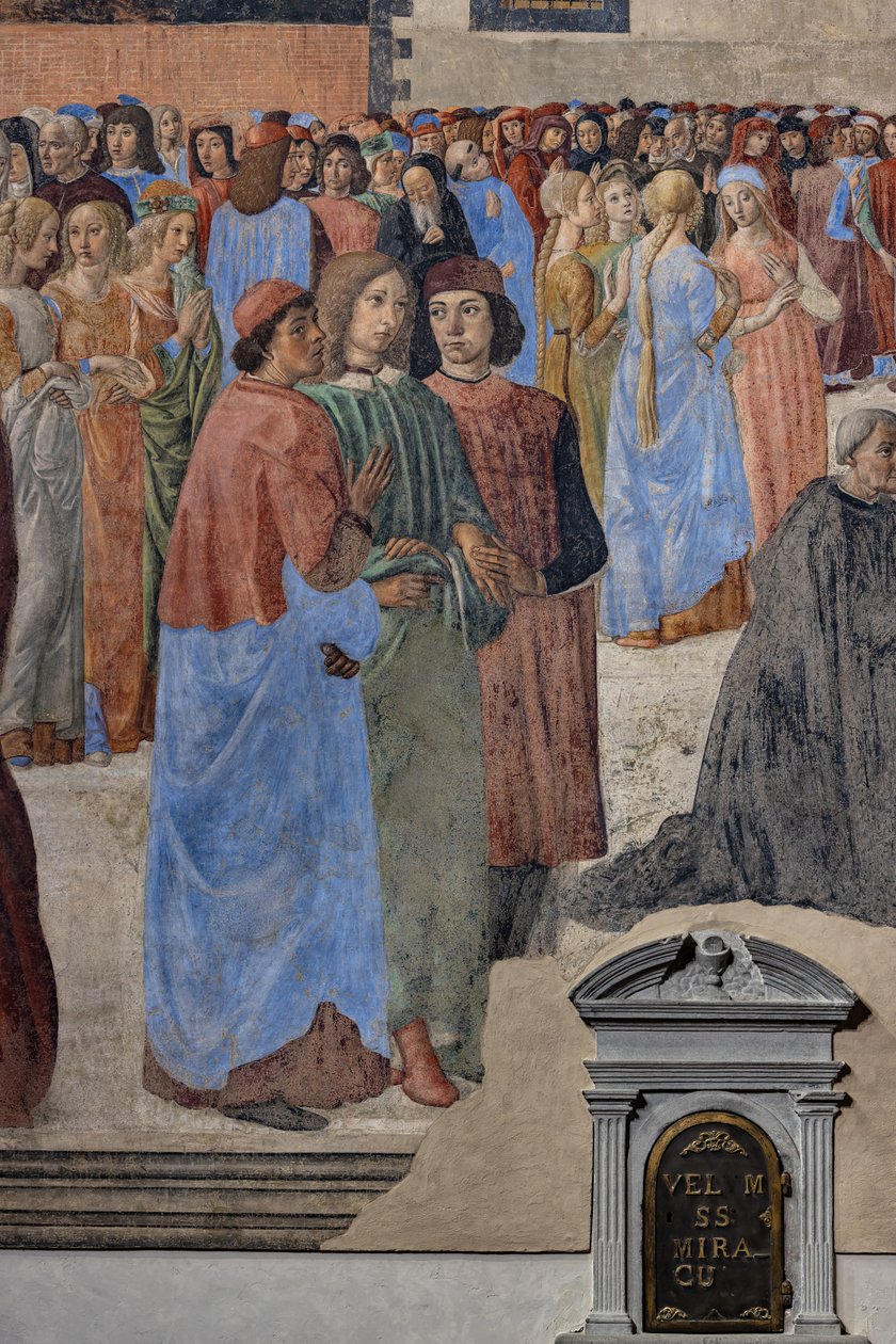 Uusplatonisten humanistien ryhmä (vasemmalta Marsilio Ficino, Giovanni Pico della Mirandola ja Agnolo Poliziano): yksityiskohta "Sakramentin ihmeestä", fresko (fresko) tekijältä Cosimo Rosselli