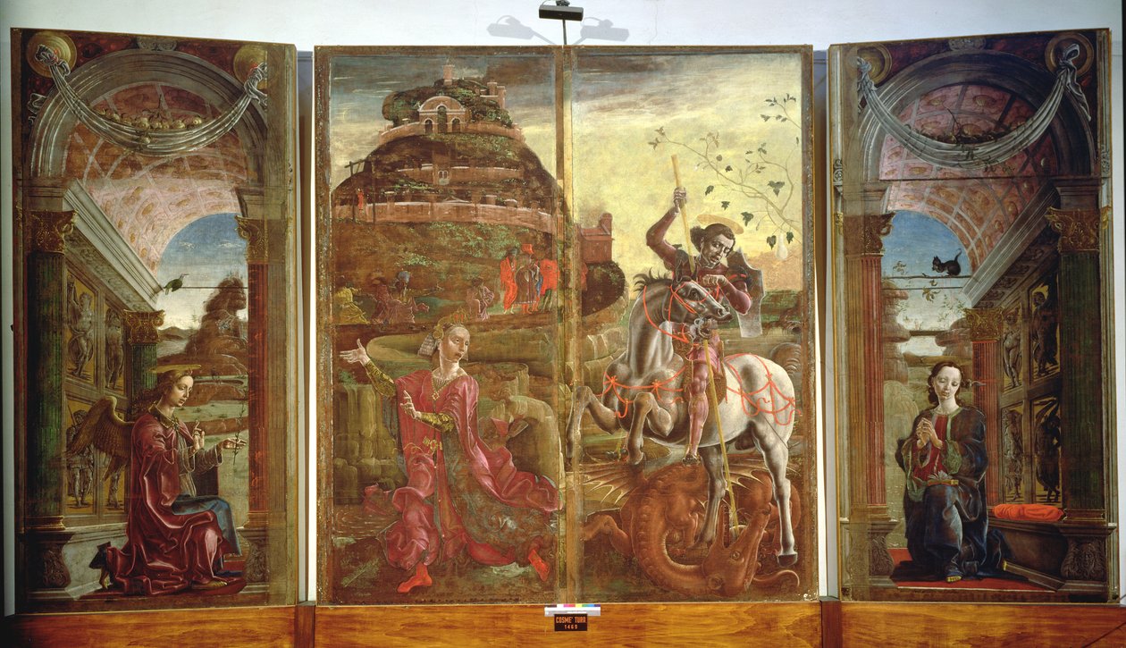 Polyptyykki, joka kuvaa Pyhää Yrjötä ja Lohikäärmettä ja Marian ilmestystä, 1469 (tempera taulussa) (katso myös 215997) tekijältä Cosimo Tura
