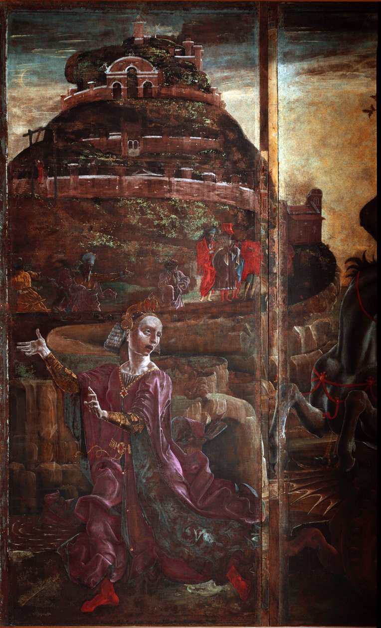 St George and the Dragon, yksityiskohta prinsessasta - öljy paneelille tekijältä Cosimo Tura