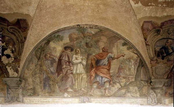 St. Dominic Converting a Heretic, lunette St. Dominicin elämän freskojaksosta St. Dominicin luostarissa, n. 1698 (fresko) tekijältä Cosimo Ulivelli