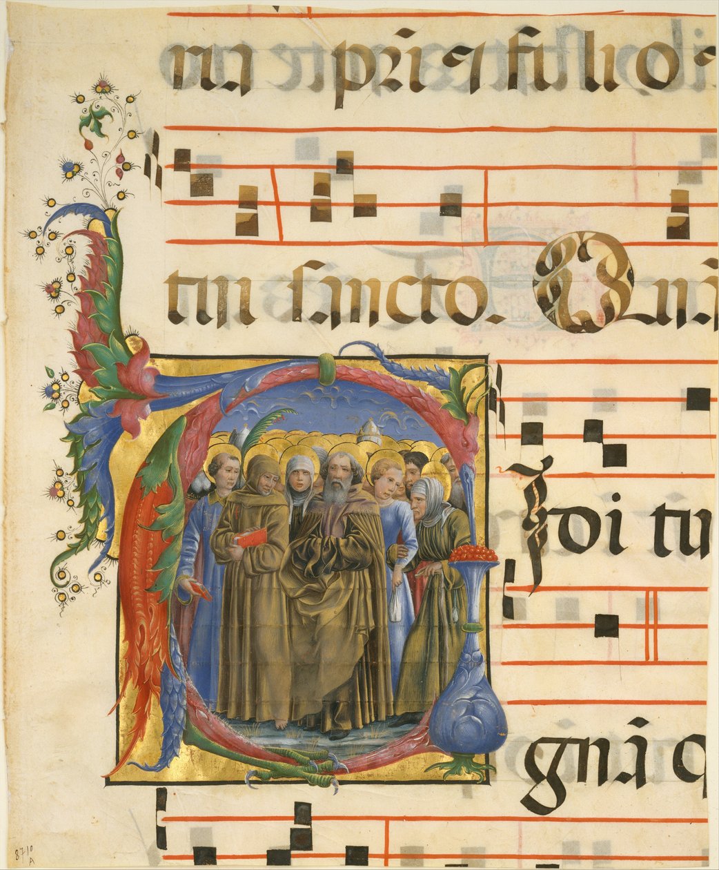 Käsikirjoituksen valaistus kaikkien pyhien kanssa initialissa V, antifonaariosta, 1450-60. tekijältä Cosmè Tura