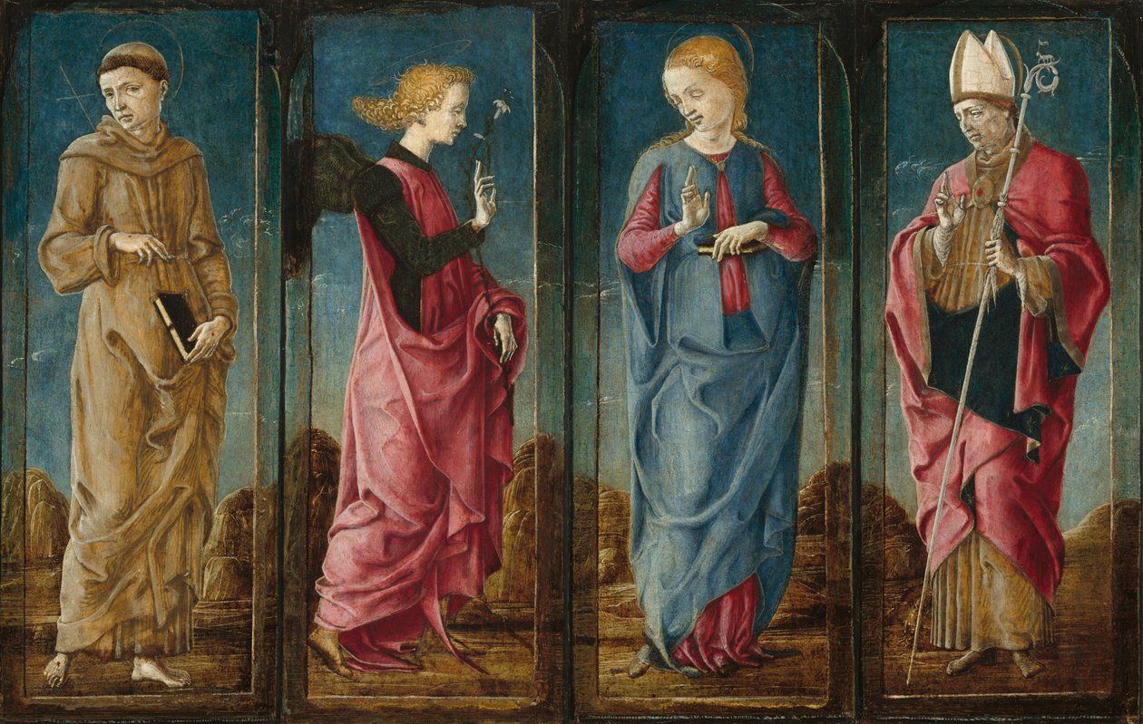 Ilmoitus Pyhän Franciscuksen ja Toulousen pyhän Louisin kanssa [neljä paneelia], n. 14701480. tekijältä Cosmè Tura