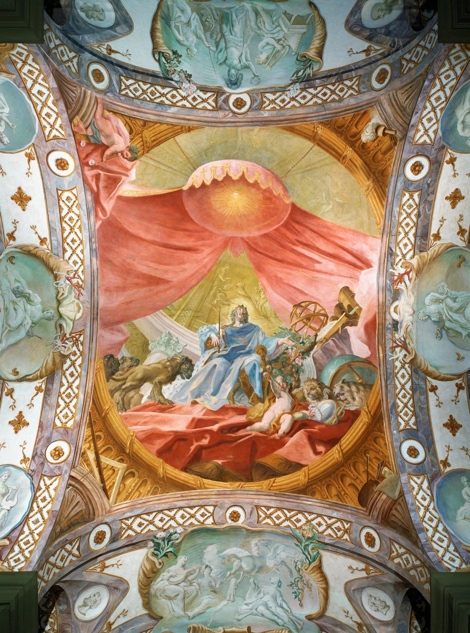 Saint Emmeranin luostari, vuodesta 1812 lähtien Thurn und Taxisin ruhtinaiden asuinpaikka: (fresko): kirjaston kattofresko, kuningas Salomo ... (fresko) tekijältä Cosmas Damian Asam