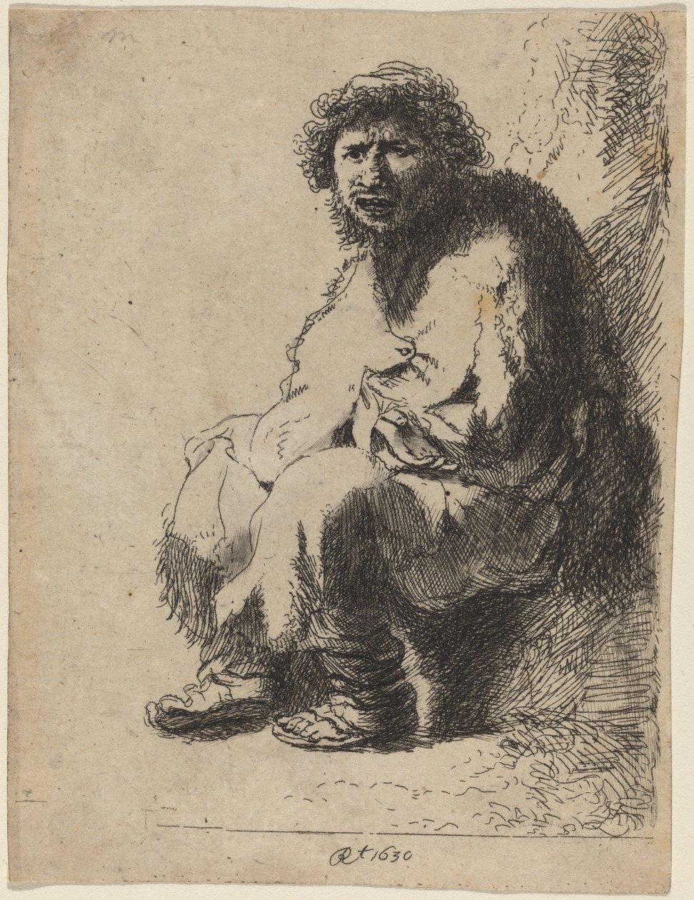 Kerjäläinen istuu pankissa tekijältä Costantino Cumano after Rembrandt van Rijn