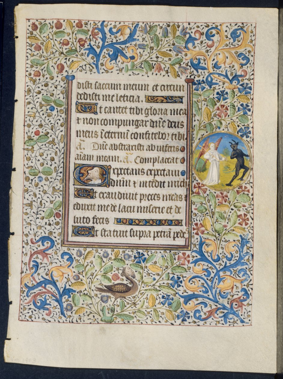 Lehti tuntikirjasta: Enkeli Chasing a Devil recto ja Two Devils verso, n. 1460. tekijältä Coëtivy Master