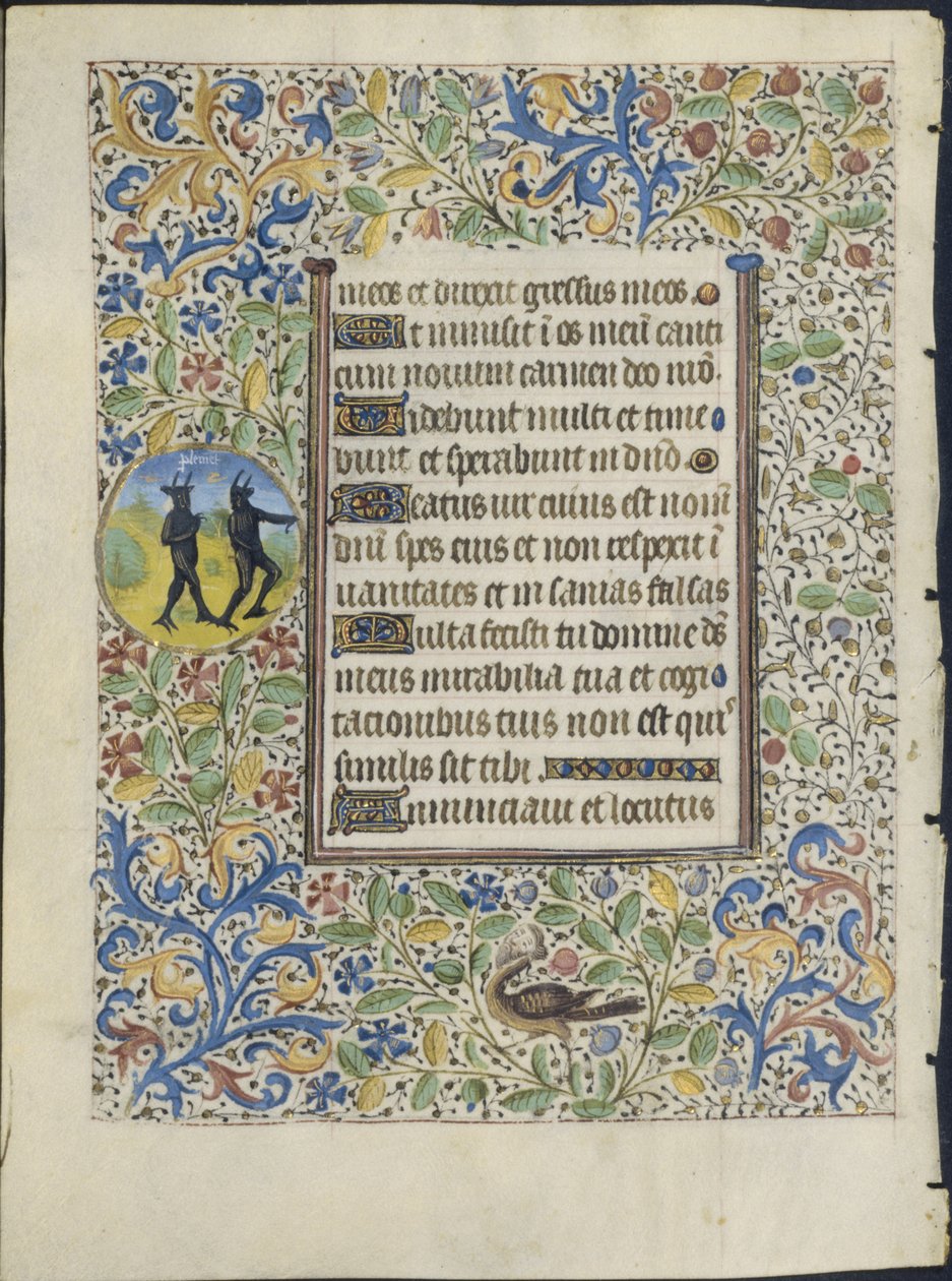 Lehti tuntikirjasta: Two Devils verso, n. 1460. tekijältä Coëtivy Master