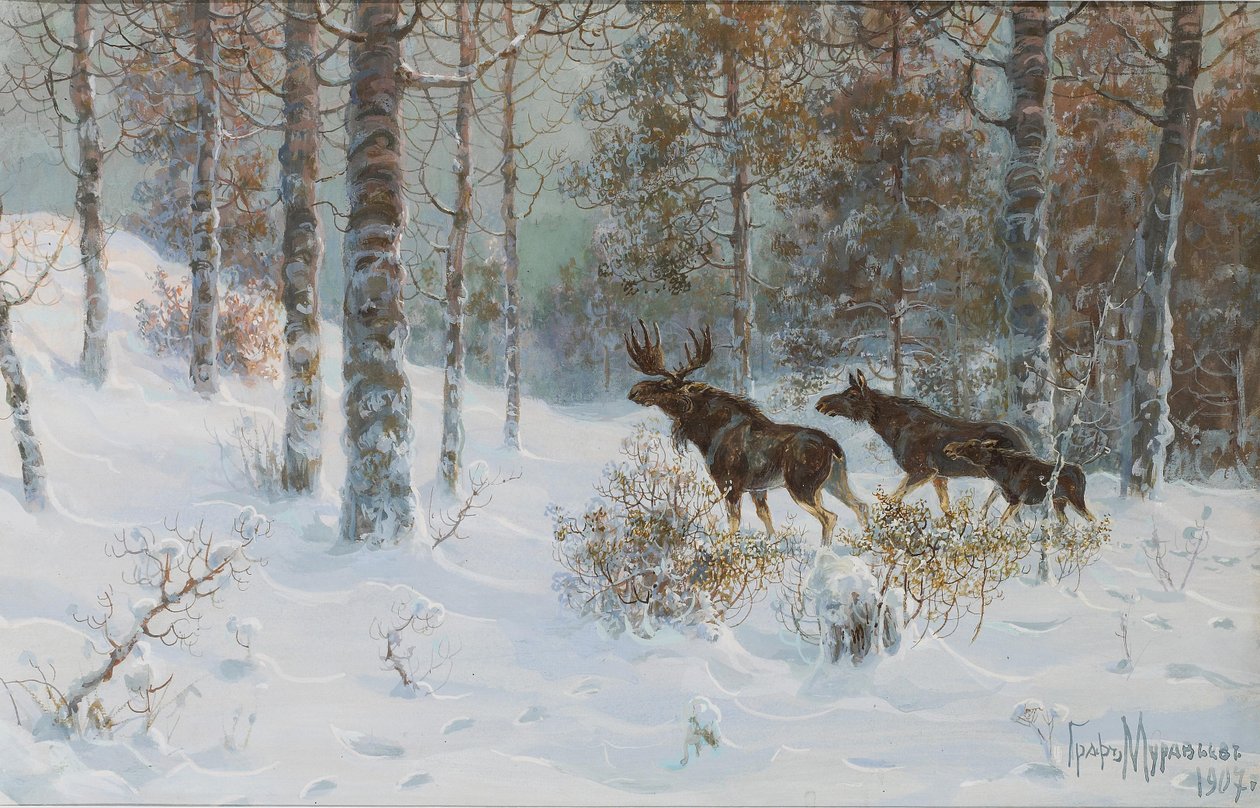 Talvimaisema hirvien kanssa, 1907 tekijältä Count Vladimir Leonidovich Muravyov