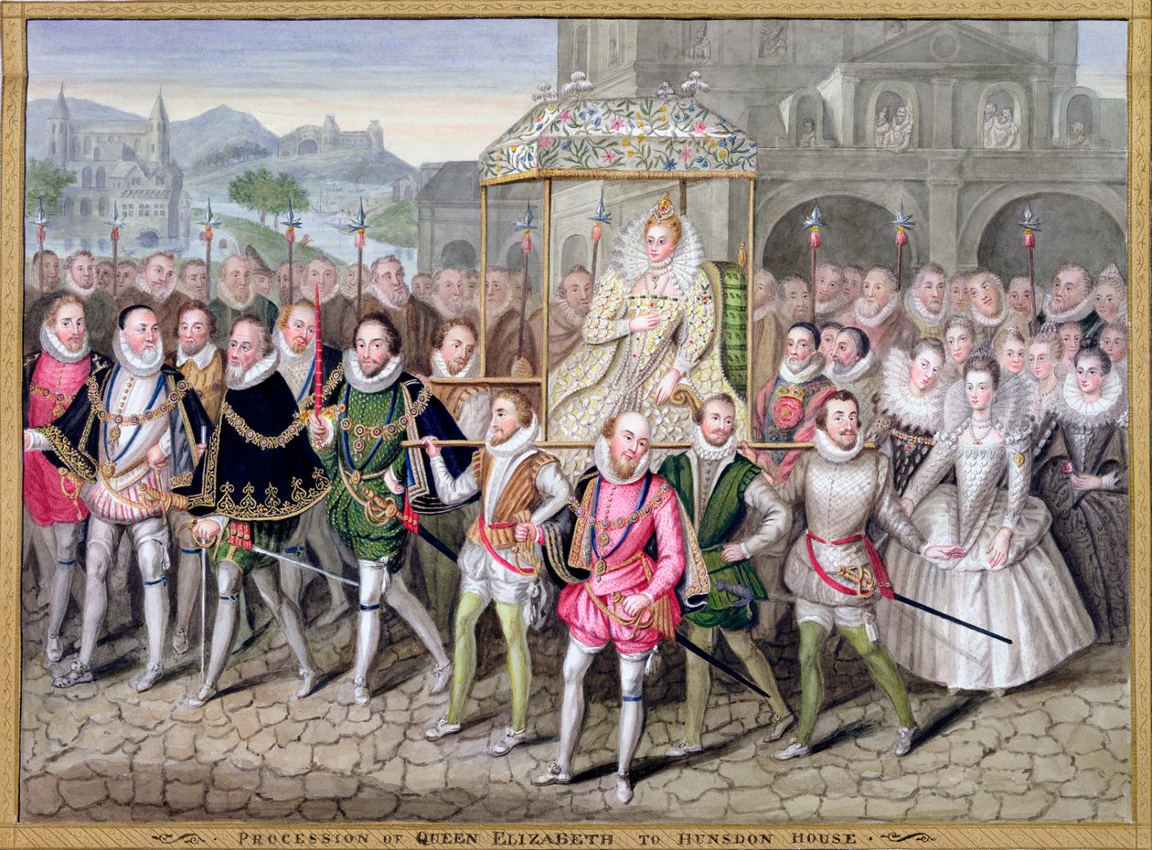 Kuningatar Elisabet I kulkueessa hovimiesteensä kanssa, c1600-1603 1825 tekijältä Countess of Essex Sarah