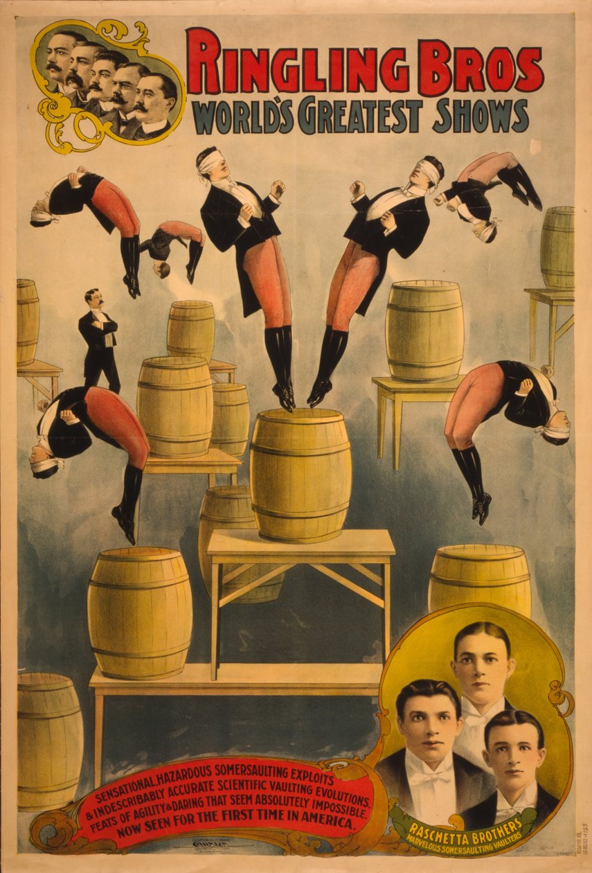 Ringling Bros, maailman parhaat esitykset Raschetta-veljekset, ihmeelliset kuperkeijat, c. 1900 tekijältä Courier Company Lith.