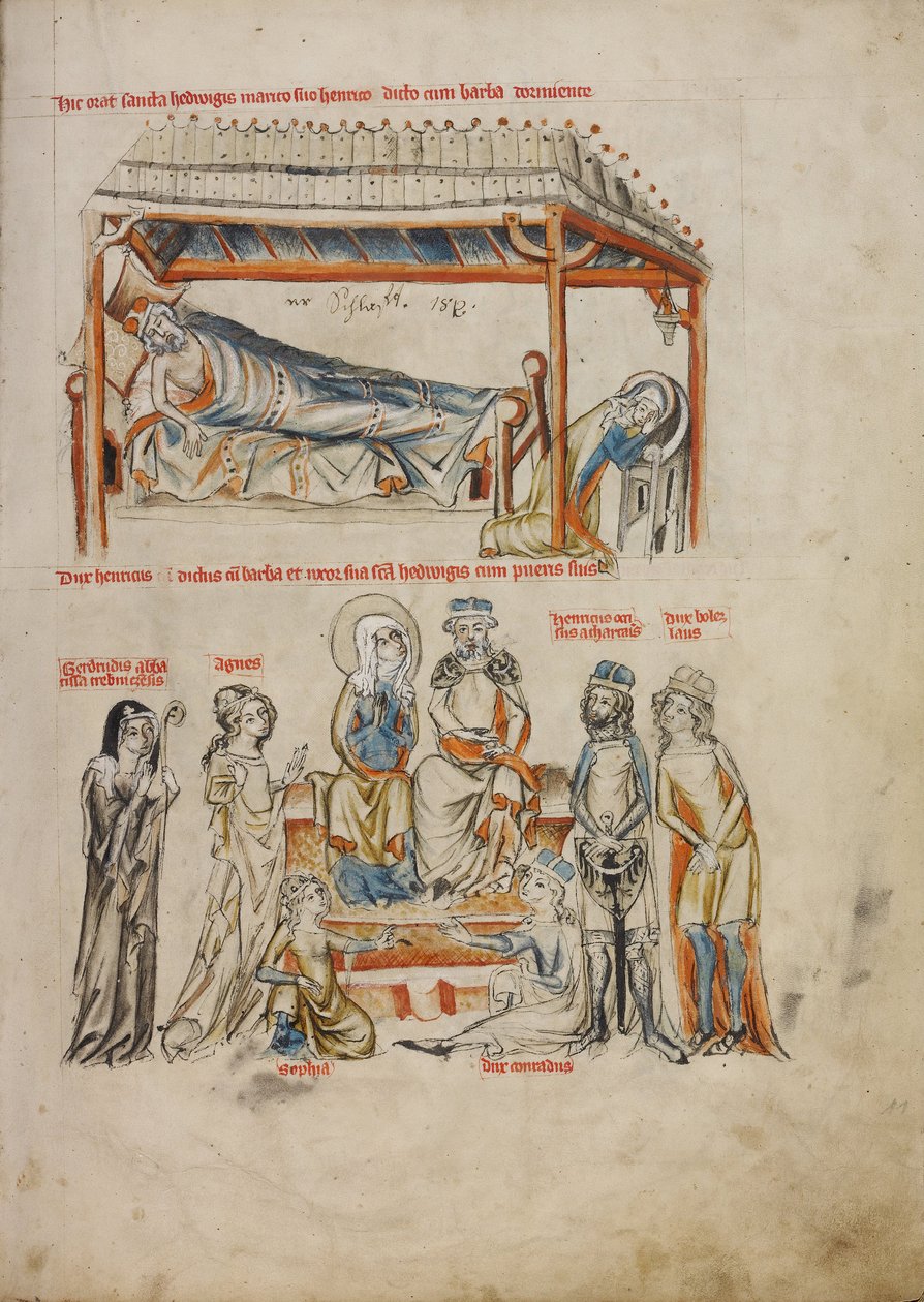 Heinrich nukkuu ja Hedwig rukoilee. Heinrich ja Hedwig lastensa kanssa, 1353 tekijältä Court workshop of Duke Ludwig I