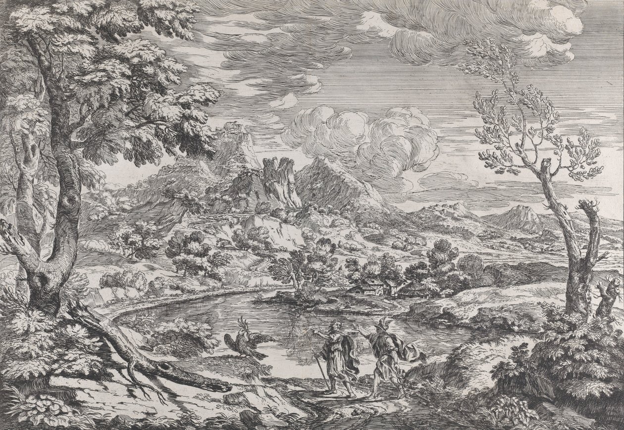 Maisema miehen kanssa, joka näyttää Merkuriukselle Jupiterin kotkan, n. 1695-99. tekijältä Crescenzio Onofri