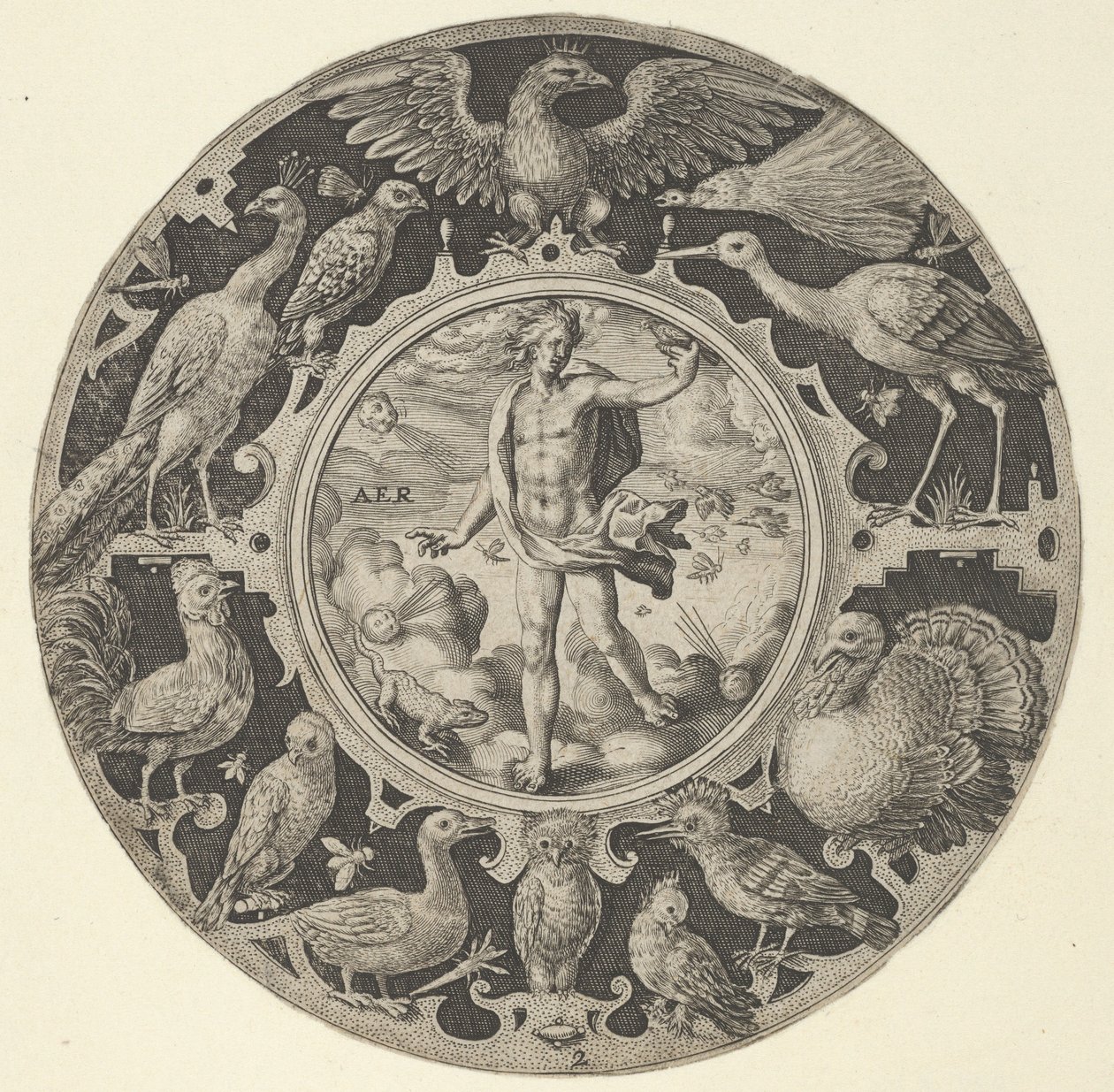 "Aer" koristeellisessa reunassa lintujen kanssa, sarjasta pyöreitä kuvioita F..., 1590-1612. tekijältä Crispijn de Passe I