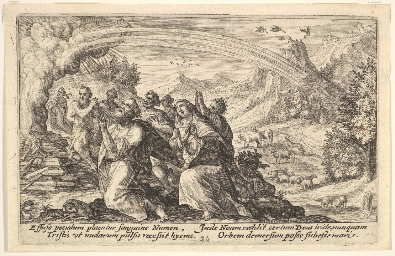 Jumala tekee liiton Nooan kanssa: savuavan tulipalon vieressä Nooa polvistuu p..., 1612. tekijältä Crispijn de Passe I