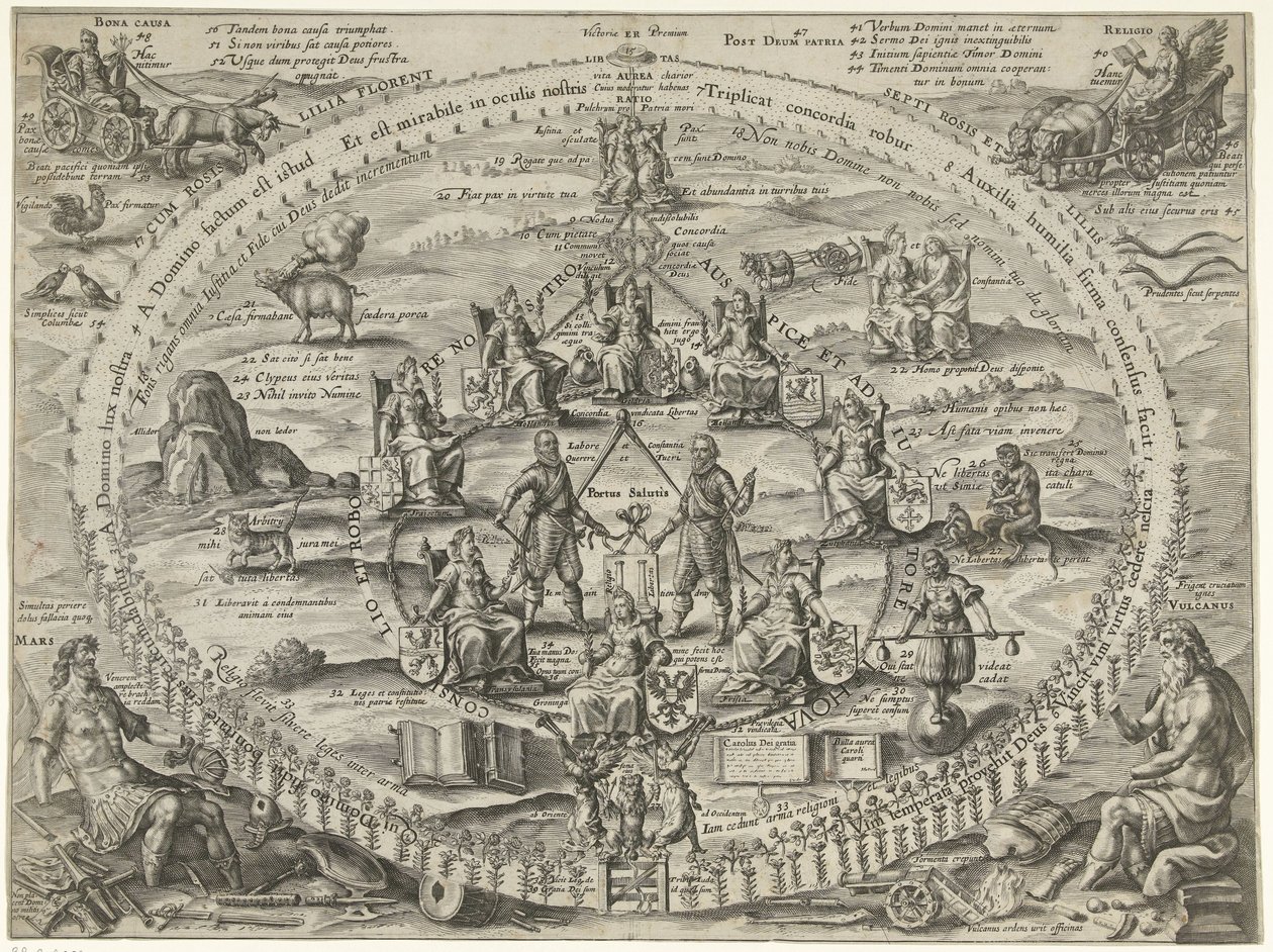 Allegoria tasavallan sisäisestä solidaarisuudesta aselevon aikana, 1609 Victoriae Premium (nimi esineessä) tekijältä Crispijn van de Passe (I)