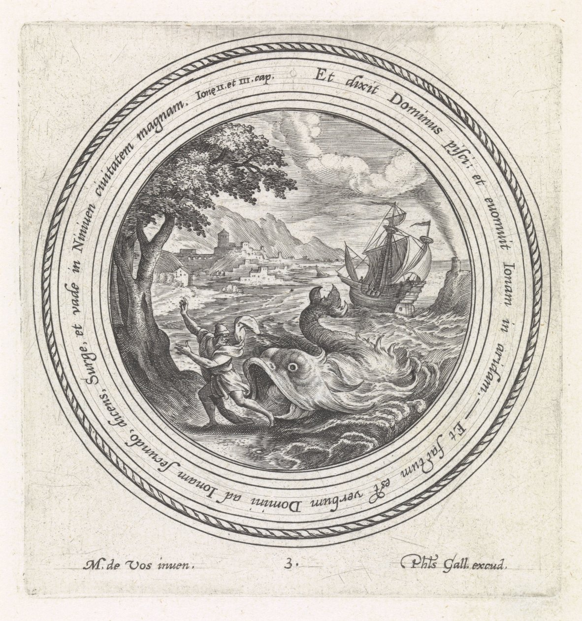 Kalat sylkevät Joonan maahan History of Jonah (sarjan nimi) tekijältä Crispijn van de Passe (I)