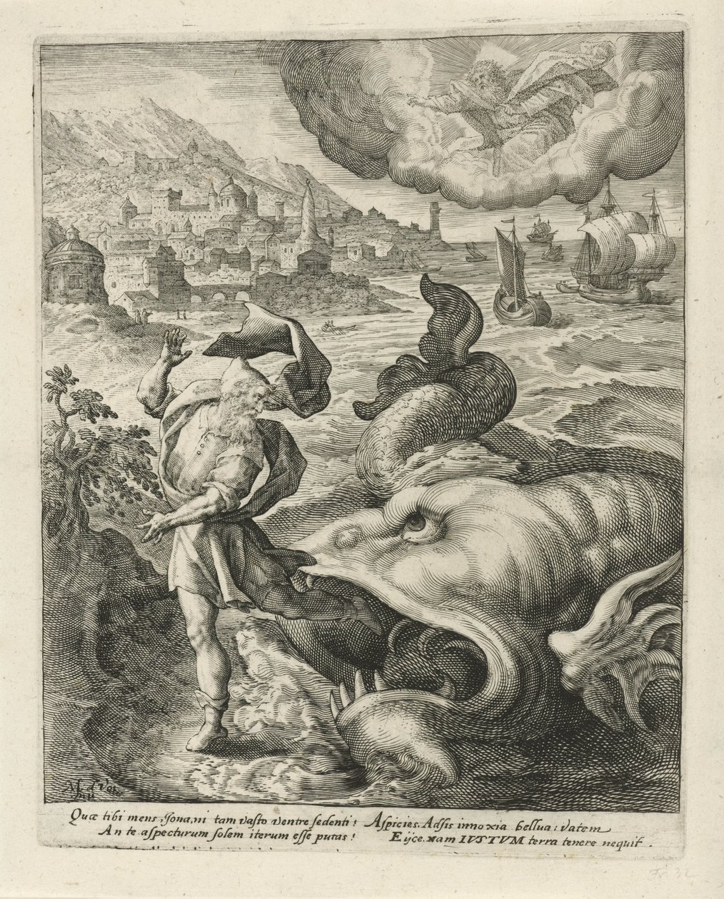 Kalat sylkevät Joonan maahan History of Jonah (sarjan nimi) tekijältä Crispijn van de Passe (I)