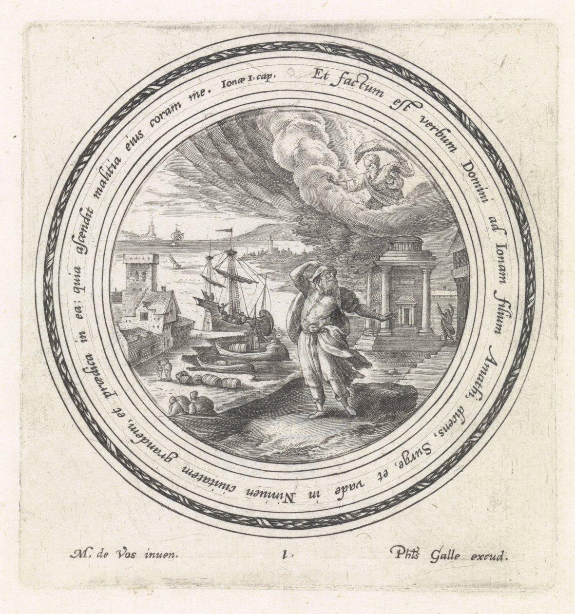 Jumala lähettää Joonan Niniveen History of Jonah (sarjan nimi) tekijältä Crispijn van de Passe (I)