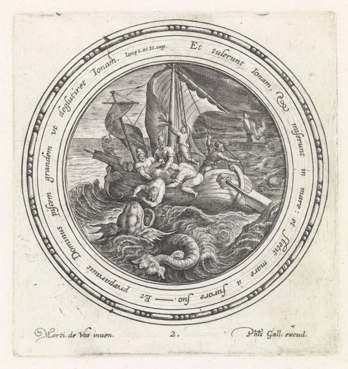 Merimiehet heittävät Joonan yli laidan History of Jonah (sarjan nimi) tekijältä Crispijn van de Passe (I)