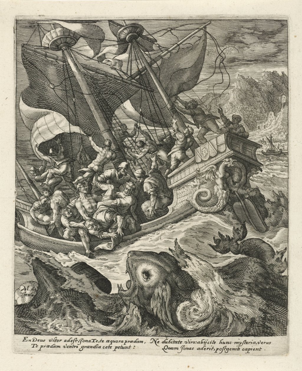 Merimiehet heittävät Joonan yli laidan History of Jonah (sarjan nimi) tekijältä Crispijn van de Passe (I)
