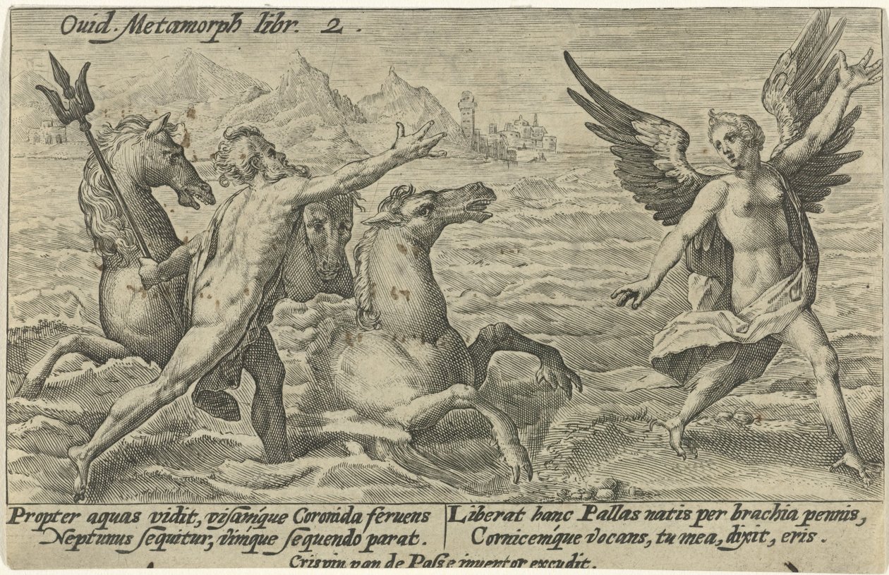 Neptunus kurkottaa Coronikseen Metamorphoses of Ovid (sarjan nimi) tekijältä Crispijn van de Passe (I)