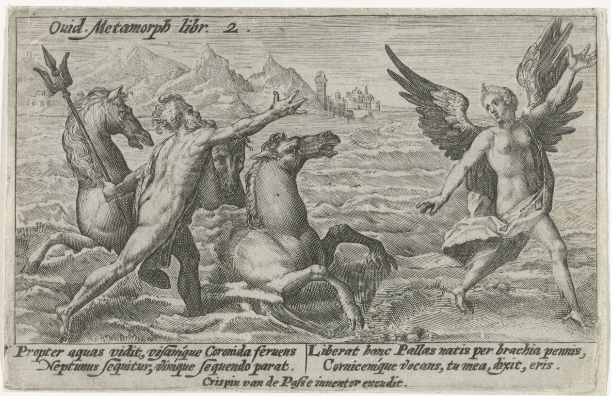 Neptunus kurkottaa Coronikseen Metamorphoses of Ovid (sarjan nimi) tekijältä Crispijn van de Passe (I)