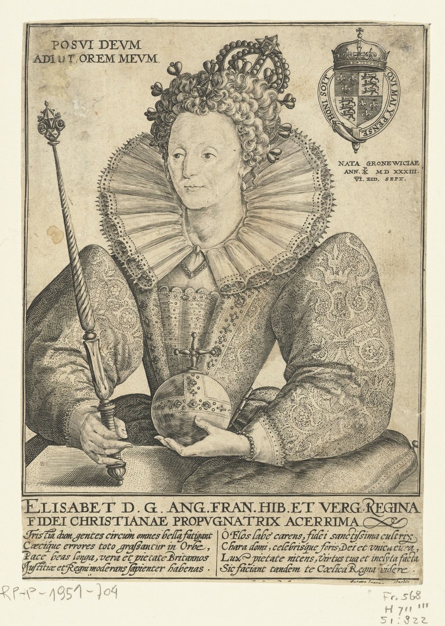 Portret van Elizabeth I Tudor, 10 halfen lijve Posvi Devm Aiut Orem Mevm (otsikko esineessä) tekijältä Crispijn van de Passe (I)