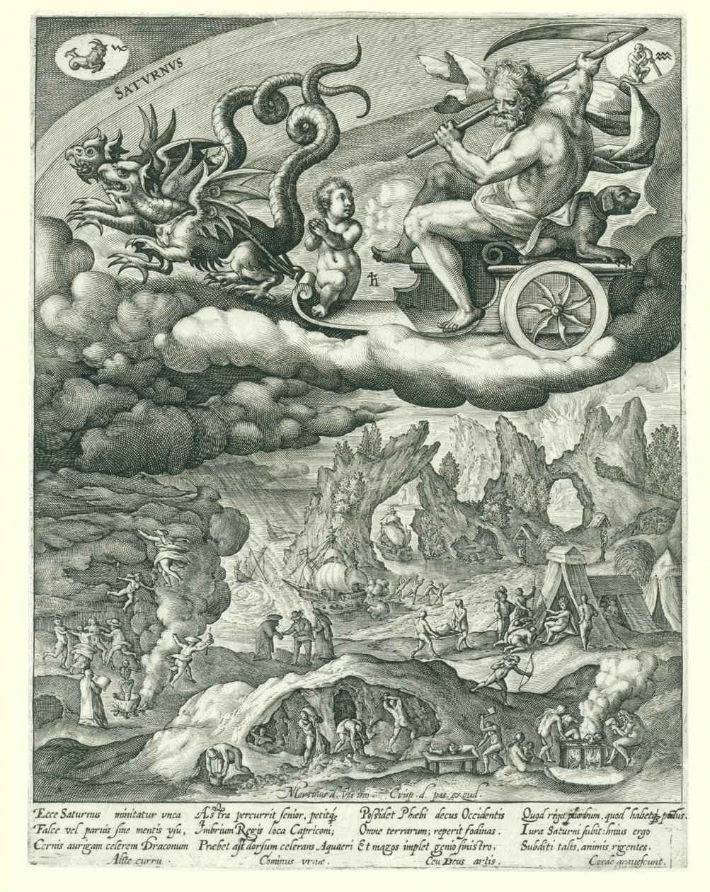 Saturnus Satvrnvs (otsikko objektissa) The Seven Planets (sarjan nimi) Platonin kultainen ketju (sarjan nimi) tekijältä Crispijn van de Passe (I)