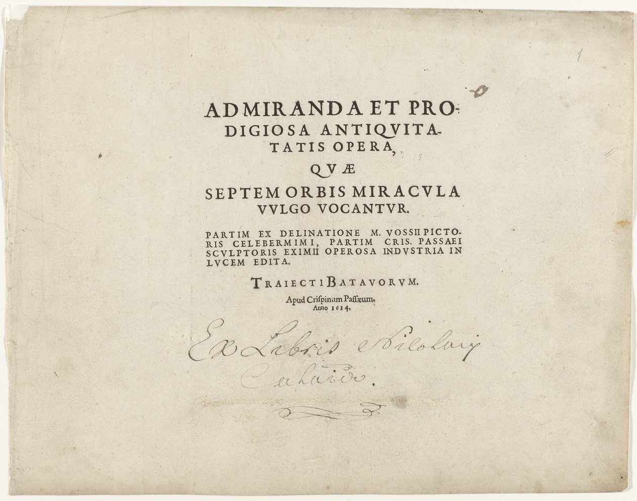 Titelblad van de Serie met zeven wereldwonderen Titelblad met tekst in boekdruk: Ihmeellisiä ja upeita antiikin teoksia, joita yleisesti kutsutaan maailman seitsemäksi ihmeeksi, 1614 tekijältä Crispijn van de Passe (I)