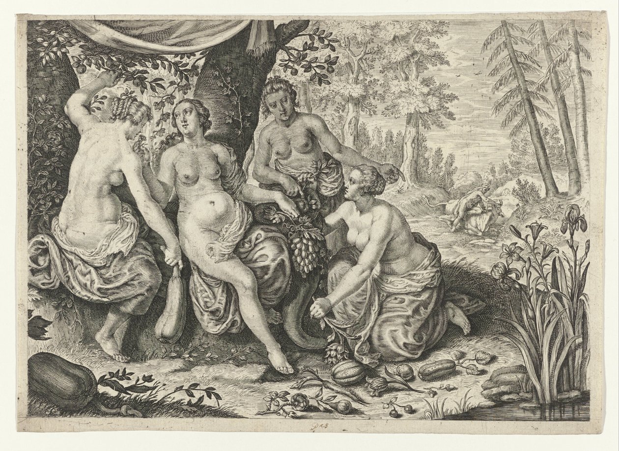 Nymfit täyttävät runsaudensarven Metamorphoses of Ovid (sarjan nimi) tekijältä Crispijn van de Passe (II) (attributed to)