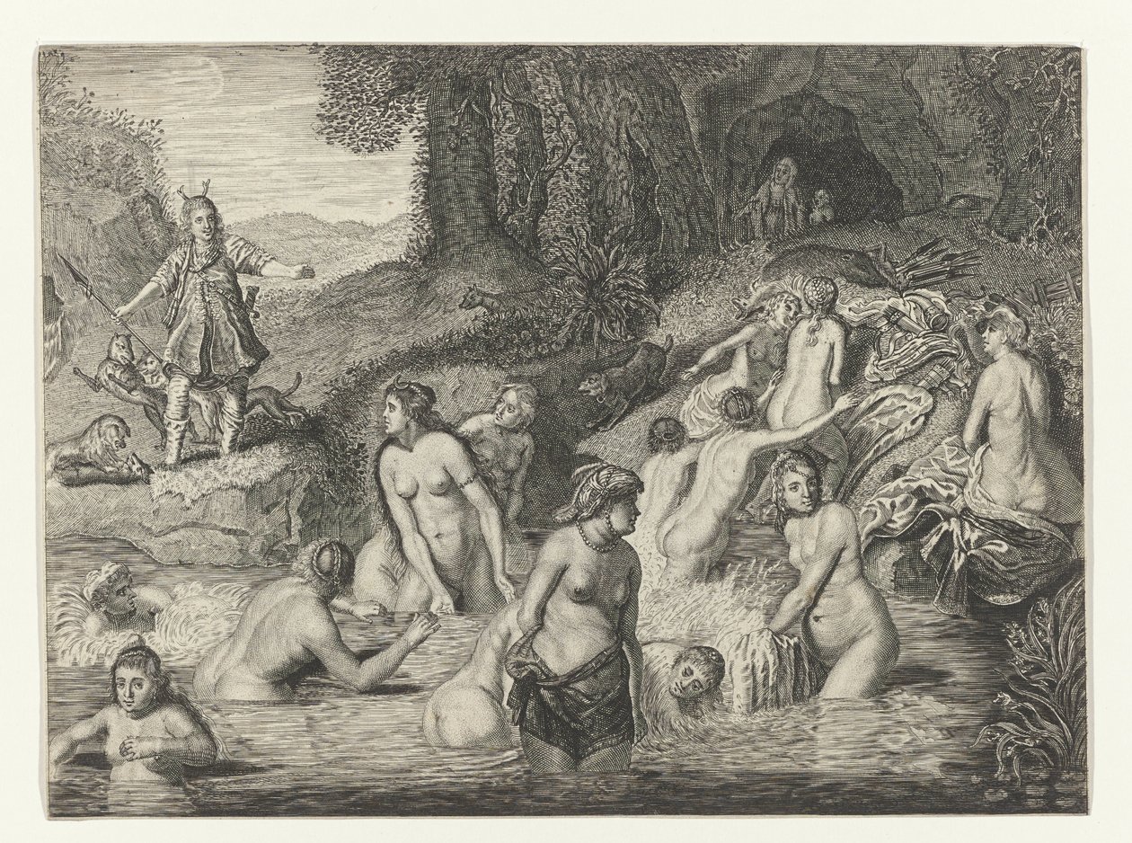 Diana muuttaa Actaeonin peuraksi Metamorphoses of Ovid (sarjan nimi) tekijältä Crispijn van de Passe (II)