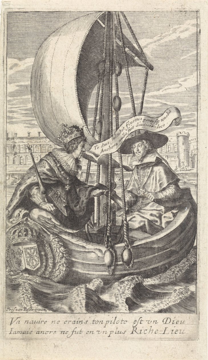 Kuningas Ludvig XIII ja kardinaali Richelieu proomussa tekijältä Crispijn van de Passe (II)
