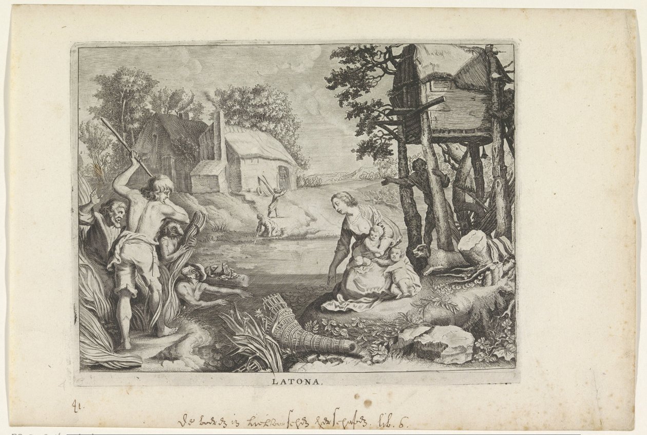 Leto (Latona) muuttaa lykialaiset sammakoiksi Metamorphoses of Ovid (sarjan nimi) tekijältä Crispijn van de Passe (II)