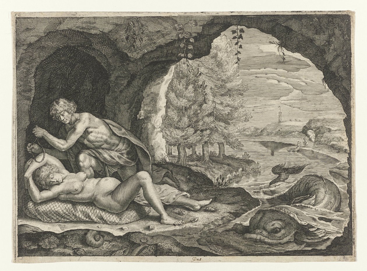 Peleus vaanii nukkuvaa Thetista Metamorphoses of Ovid (sarjan nimi) tekijältä Crispijn van de Passe (II)