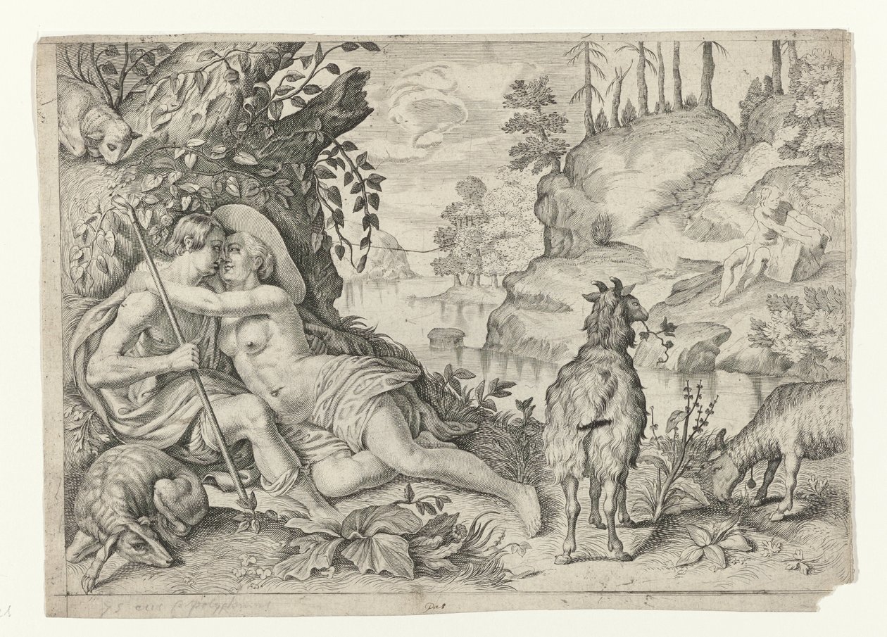 Acis en Galatea nappasi Polyphemuksen Metamorfosen van Ovidius (sarjan nimi) tekijältä Crispijn van de Passe (II)