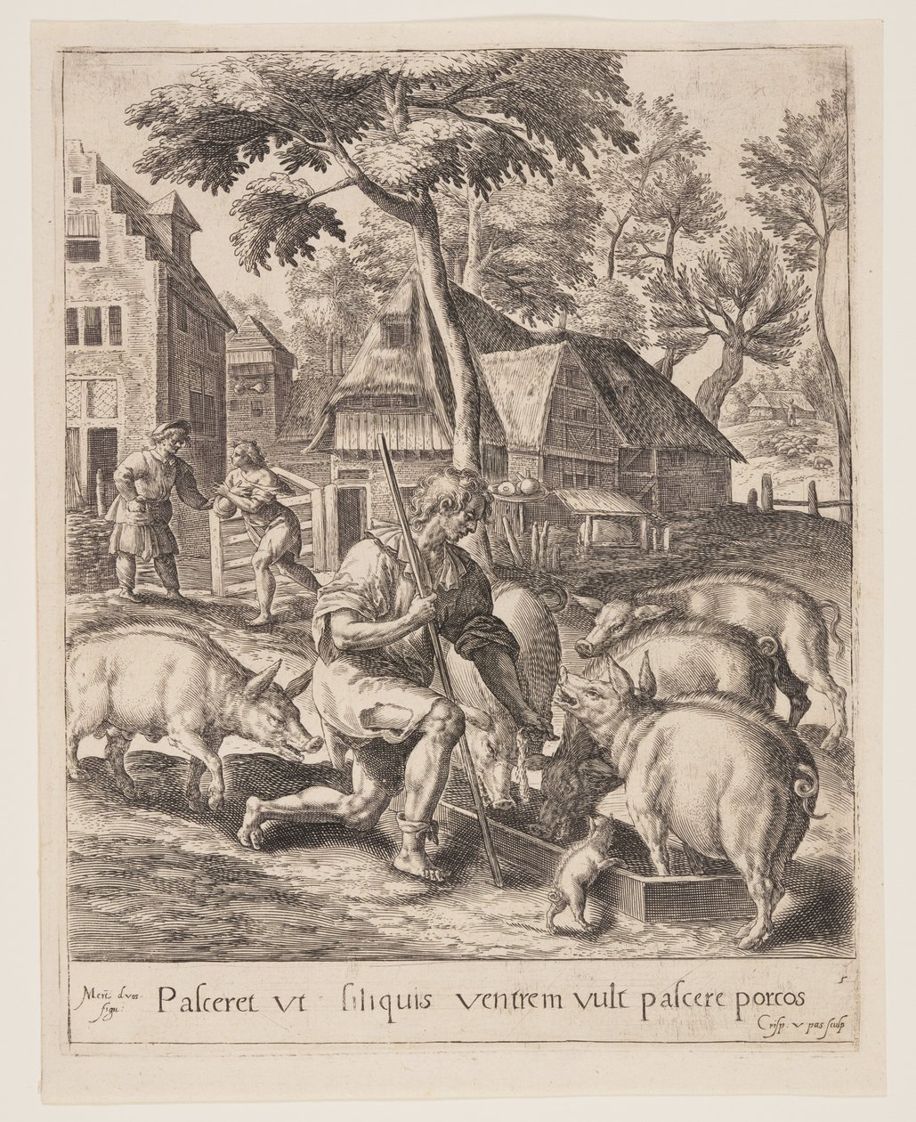 Poika ruokkii siat, vertauksesta Tuhlaajapojasta (The Parable of the Prodigal Son) tekijältä Crispijn van de Passe I