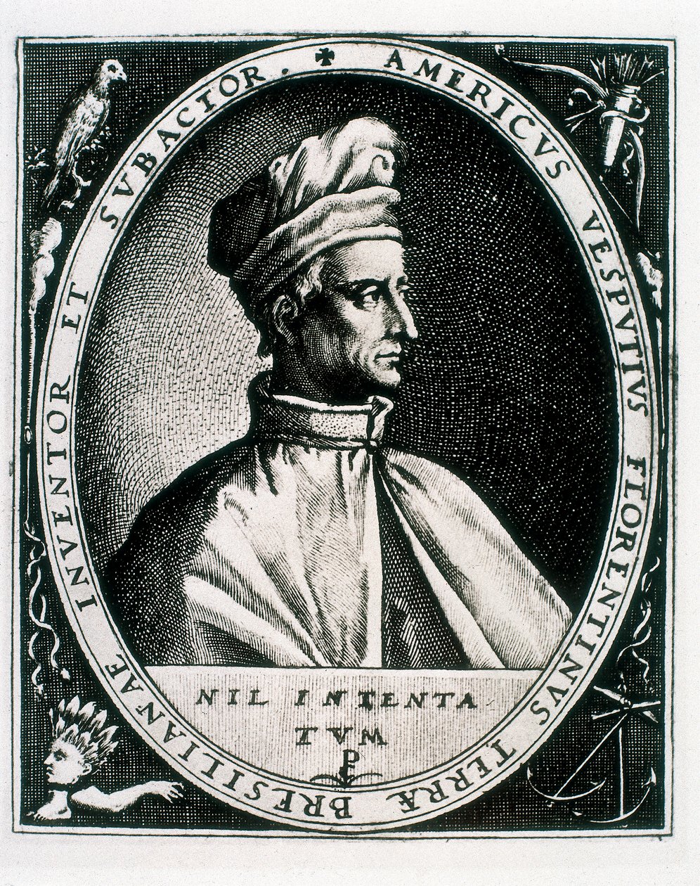Amerigo Vespuccin muotokuva, merkintä "Americus Vesputius Florentinus Land of Bresilian Inventor Subactor" (kaiverrus) tekijältä Crispin I de (after) Passe