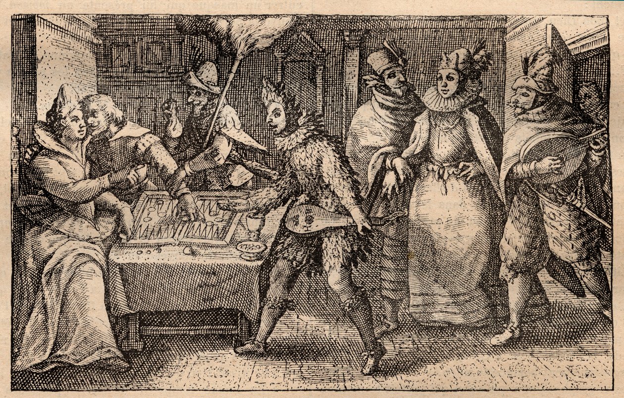Backgammon-juhla kiertelevien pelaajien kanssa - hollantilainen kuparilevykaiverrus; vedossarjasta Hortus Voluptatem, kirjoittanut Crispin de Passe (1550-1643) - Backgammonia pelaava pariskunta yllättynyt Crispin de Passe l