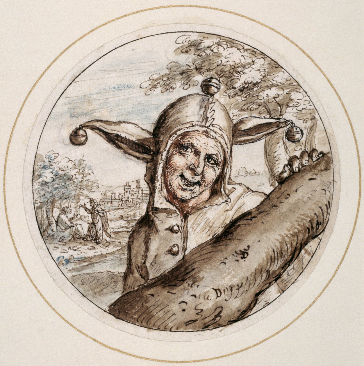 Hullu lippalla ja kelloilla, 1600-luvun alku (kynä ja ruskea muste ruskealla, harmaalla ja ruusulla) tekijältä Crispin I de Passe