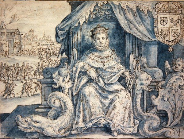 Ludvig XIII (1601-43) Ranskan kuningas (kynä ja ruskea muste, sininen tussi paperille) tekijältä Crispin I de Passe
