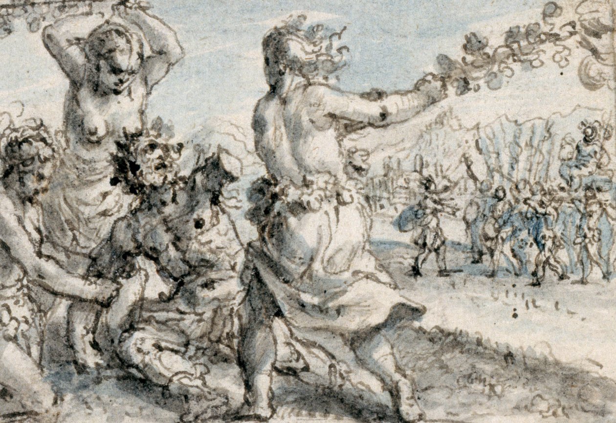 Maenadit lyövät Pentheusta, 1600-luvun alku (kynä ja ruskea muste ruskealla, sinisellä ja harmaalla pesuaineella) tekijältä Crispin I de Passe