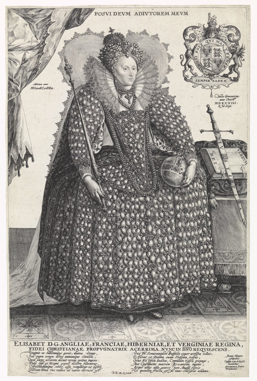 Englannin kuningatar Elisabet I:n muotokuva, n. 1603 tekijältä Crispin  Passe