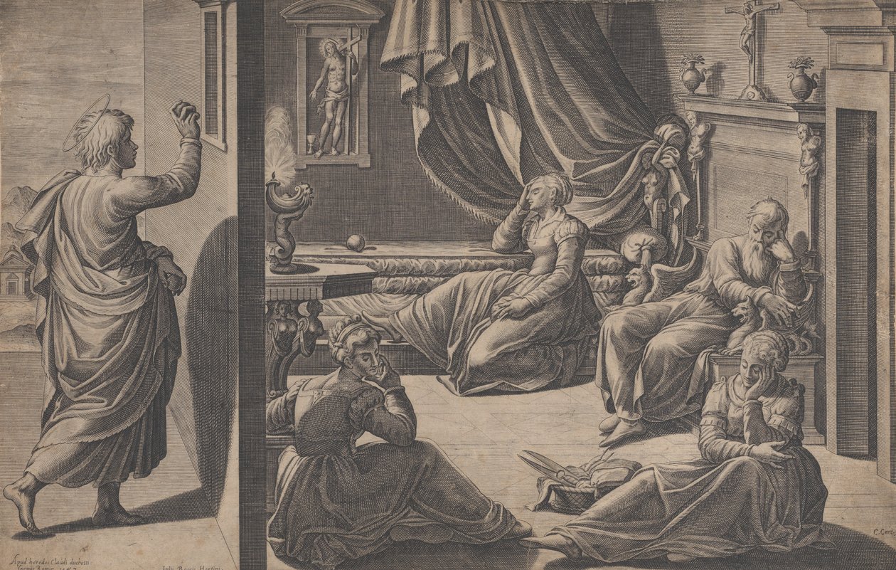 Pyhä Nikolaus Barilainen ja kolme köyhää tyttöä, 1587. tekijältä Cristofano Cartaro