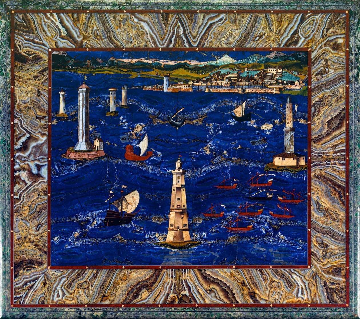 Pöytä, jossa on Livornon sataman kuva, noin 1601-04 (jalokivet, puu, emali). tekijältä Cristofano & Ligozzi Jacopo (1547 1626) Gaffurri