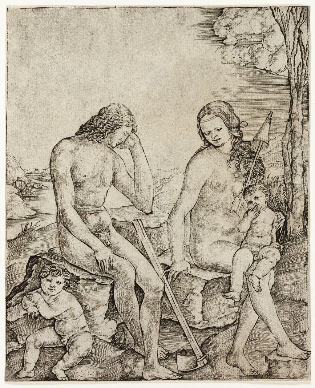 Adam i Eva amb els infants Cain i Abelfinnish tekijältä Cristofano Robetta