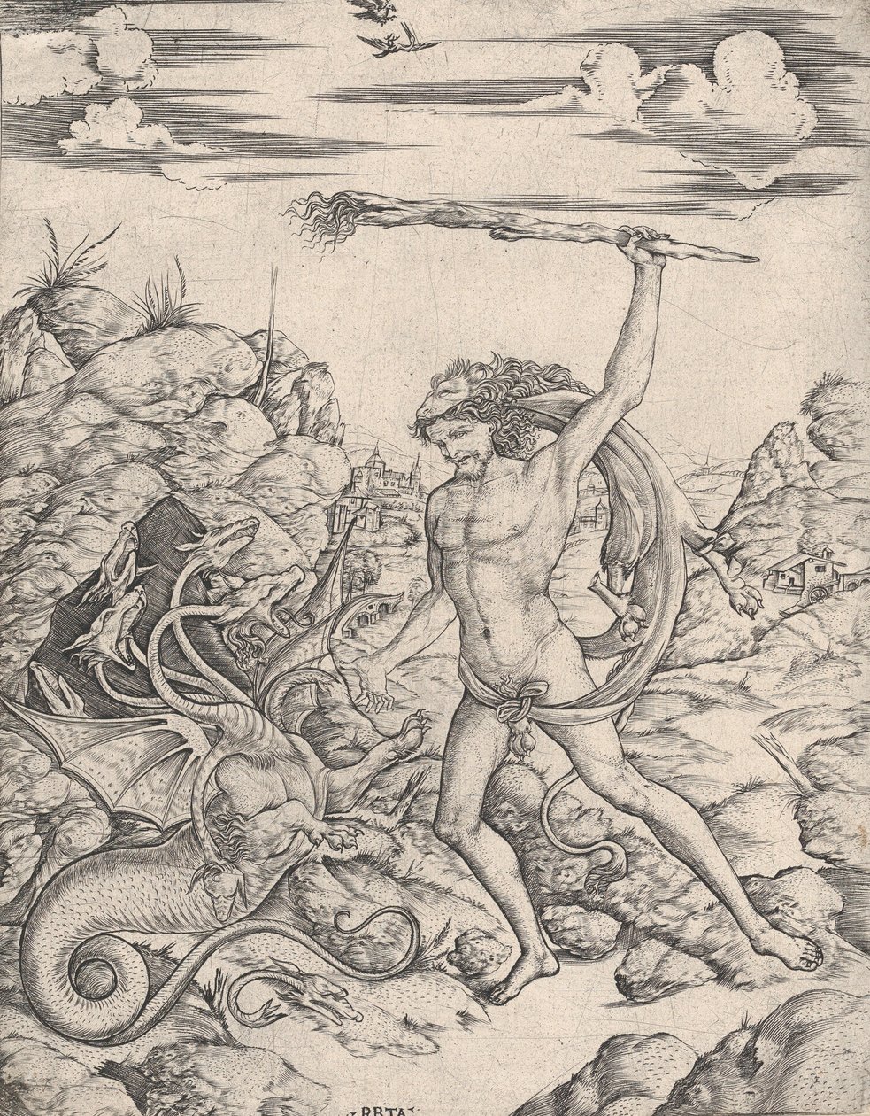 Hercules ja Hydra, soihtua käyttäessään, hän hyökkää siivekkääseen, monipäiseen Hydr..., n. 1500-1520. tekijältä Cristofano di Michele Martini