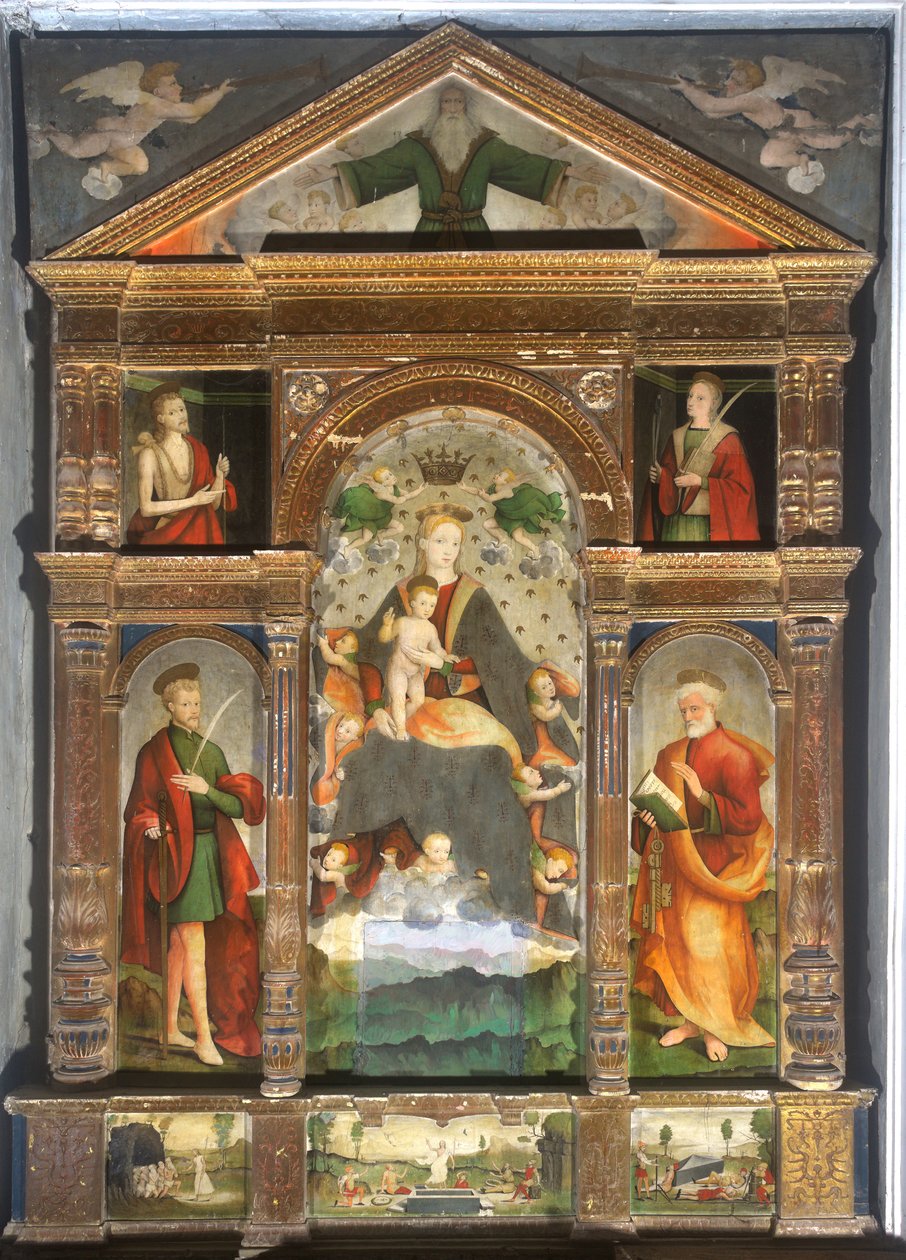 Kruunattu Madonna ja lapsi enkelien kanssa, Pyhä Paavali, Pyhä Pietari tekijältä Cristoforo (fl.1525 1578) & Pancalino Raffaele (fl.1514 1573) Pancalino