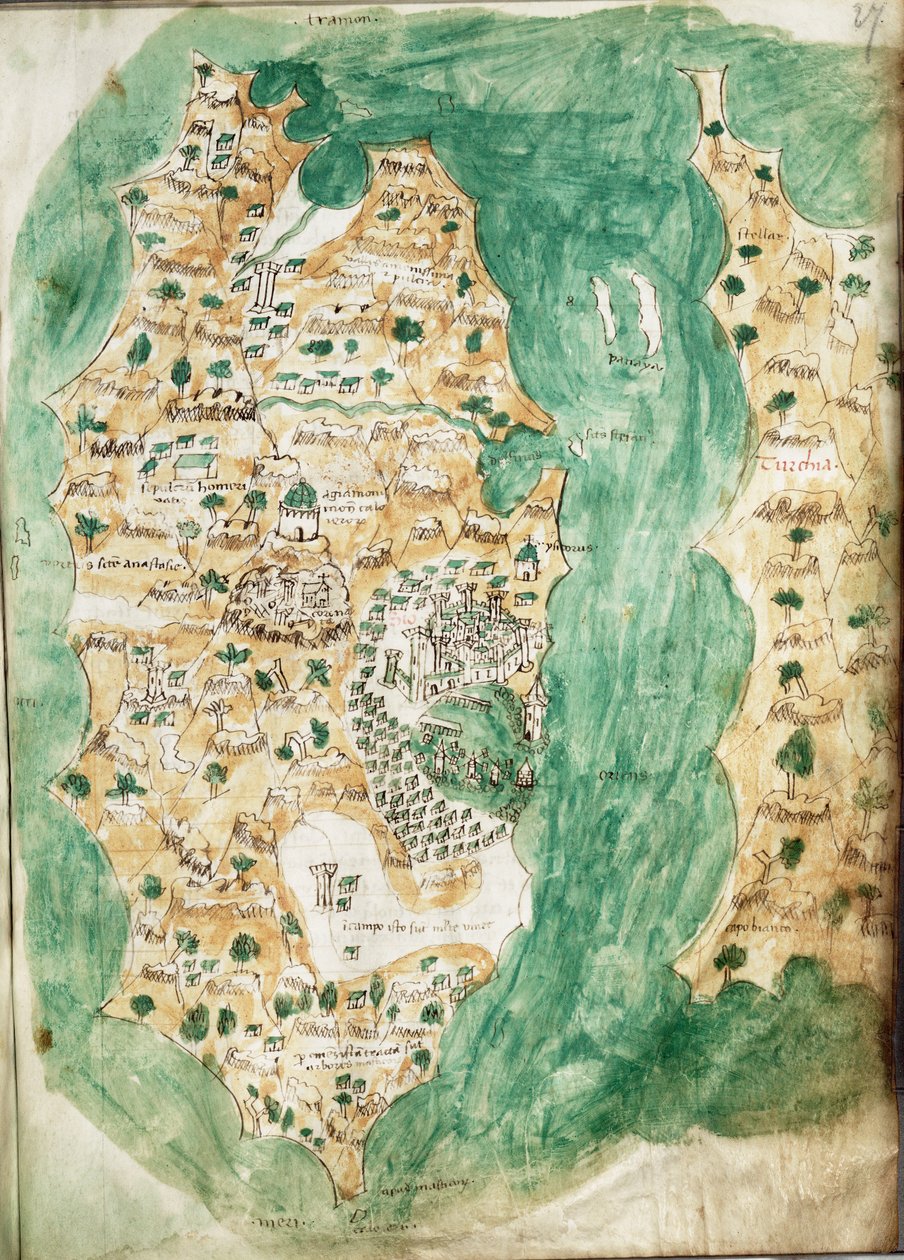 Khioksen ja sen lähiympäristön kartta, noin 1420 (Vellum). tekijältä Cristoforo Buondelmonti