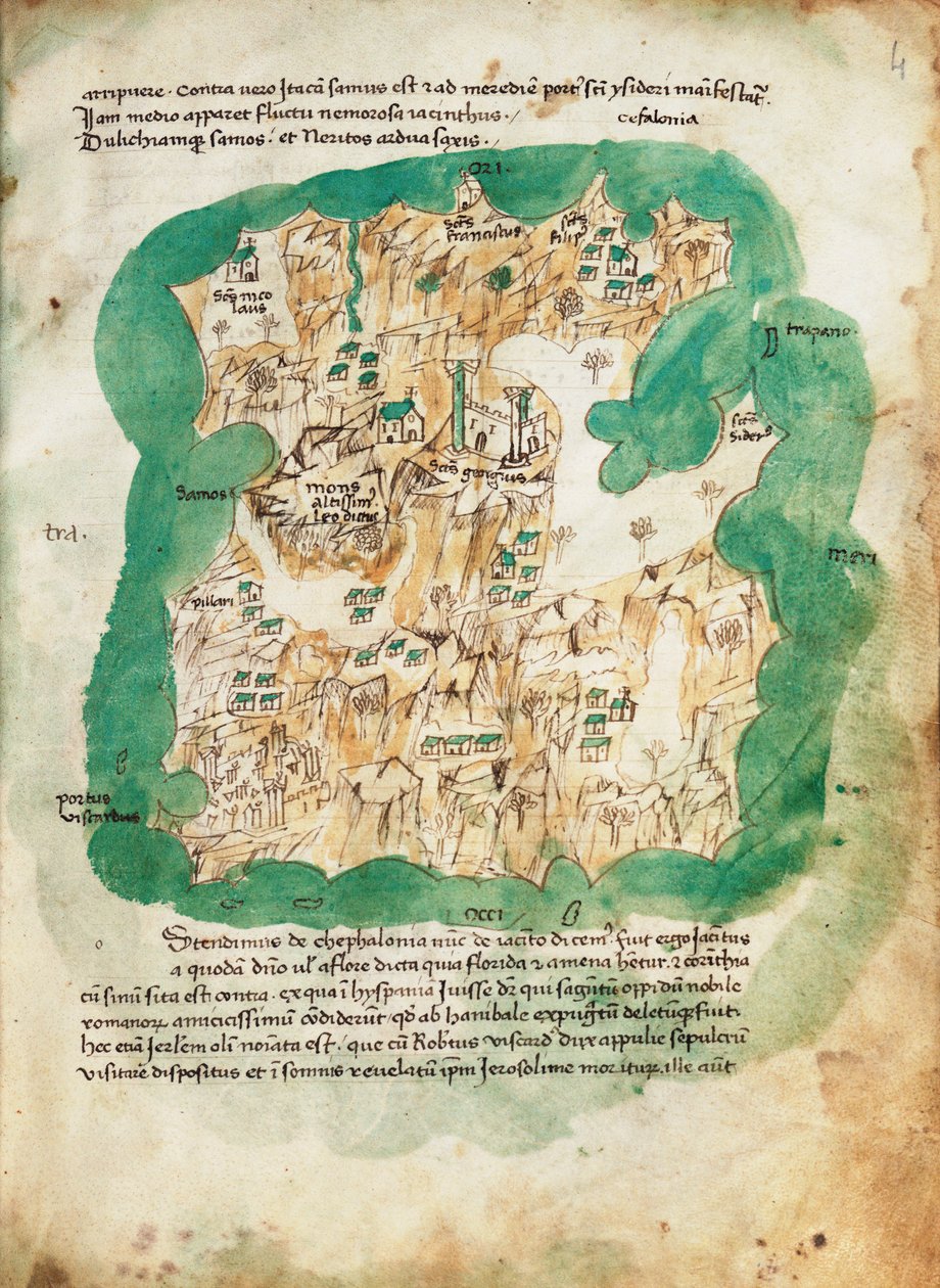 Kefalonian kartta, noin 1420 (pergamentti). tekijältä Cristoforo Buondelmonti