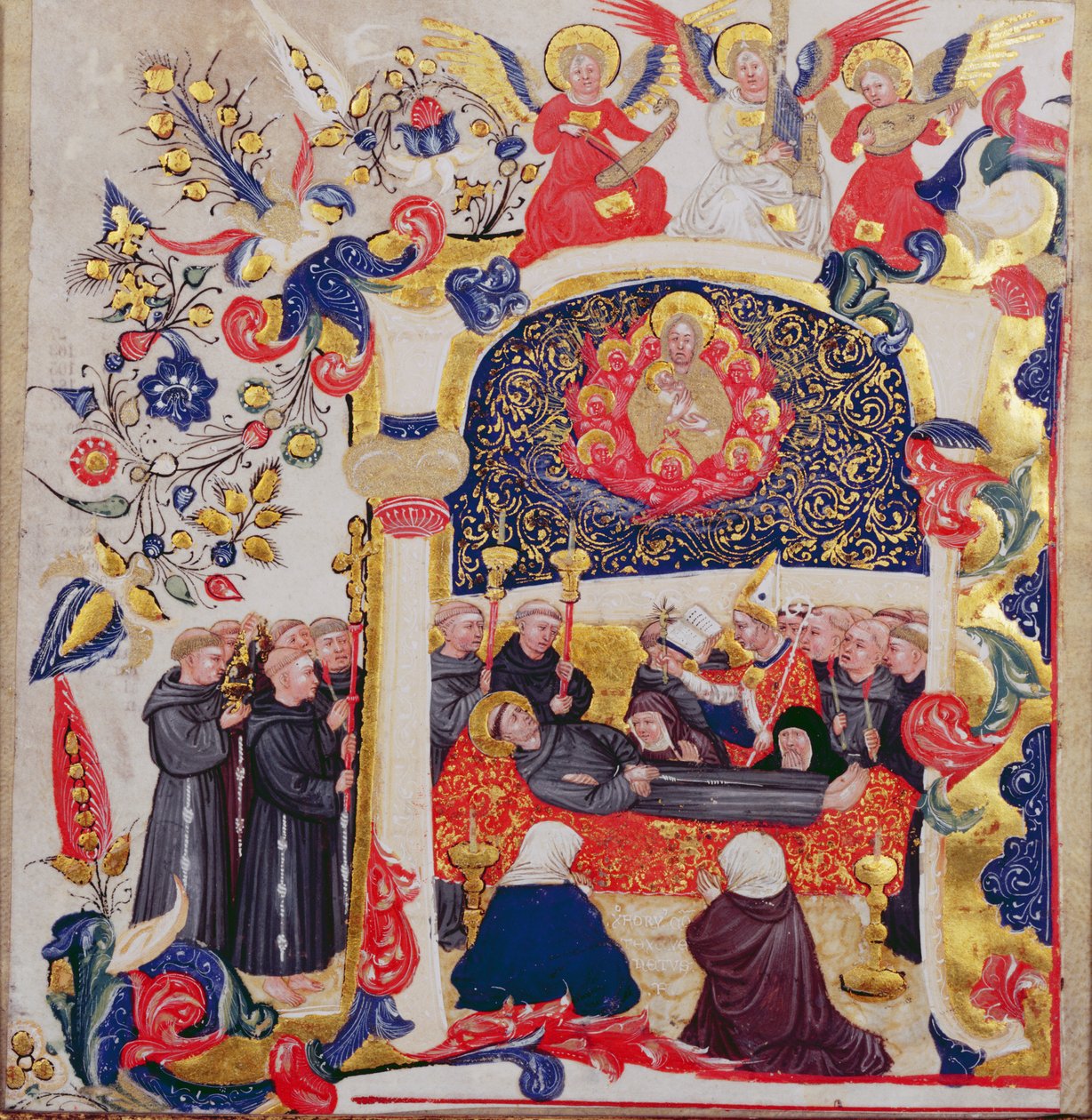 Asuttu alkukirjain "A", joka kuvaa Pyhän Fransiskuksen hautajaisia, noin 1410. tekijältä Cristoforo Cortese