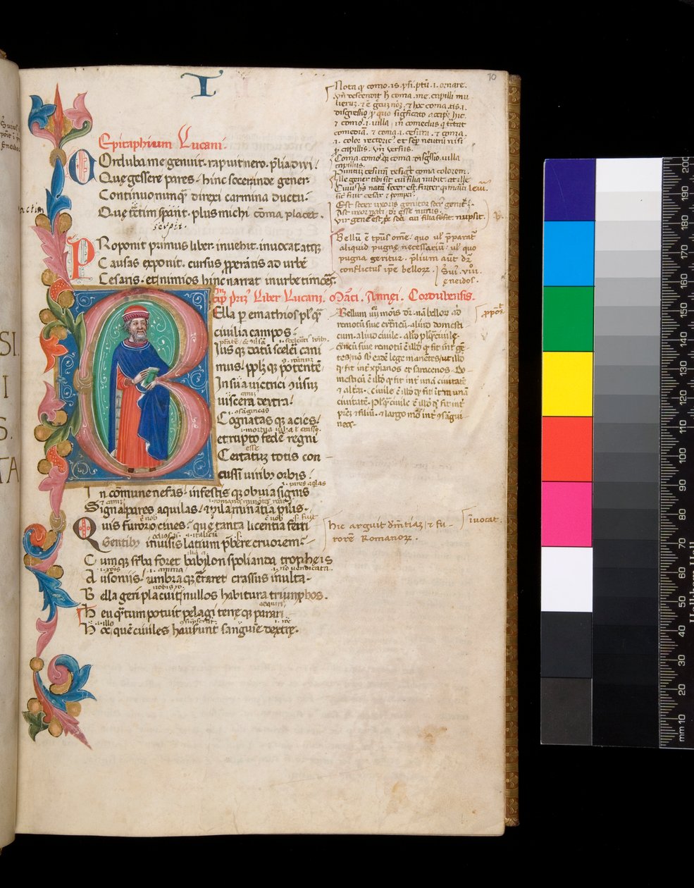 Ms 325. Lucan, Bellum Civile ja muita teoksia, f.10r. Valaistu alkukirjain [B], jossa on täyspitkä tekijän muotokuva, joka ulottuu osittaiseen lehtien reunaan, n. 1400-10 (pergamentti) tekijältä Cristoforo Cortese